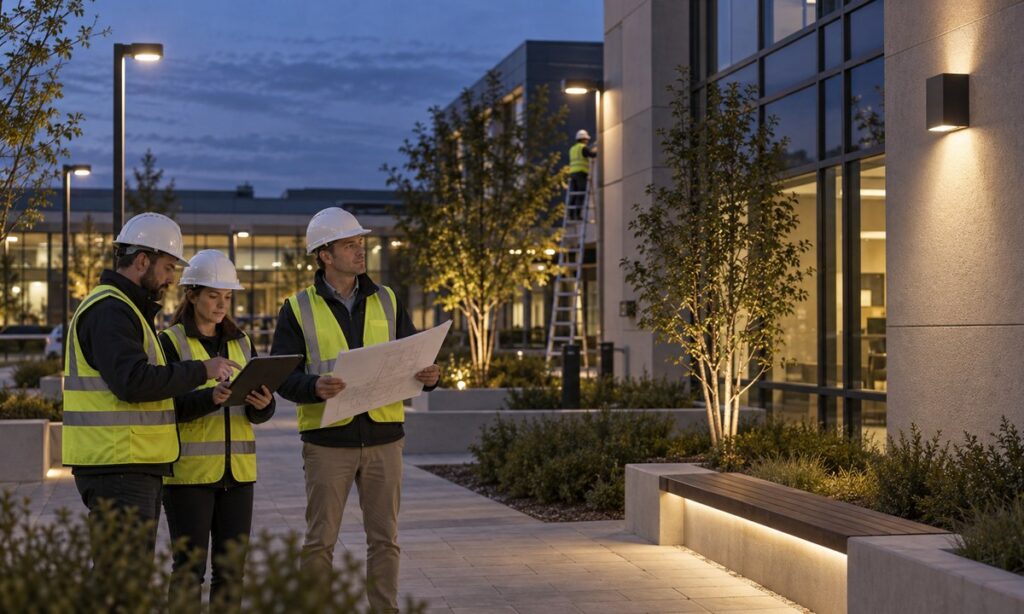 Project team reviewing outdoor lighting during evening commissioning