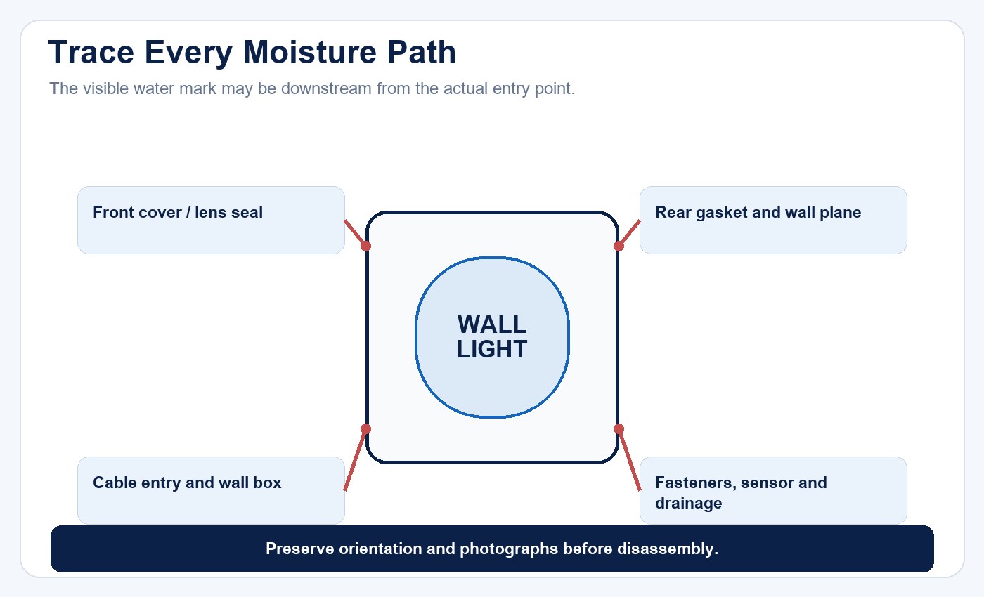 Moisture path diagram for an outdoor LED wall light covering front seal, rear gasket, cable entry and drainage