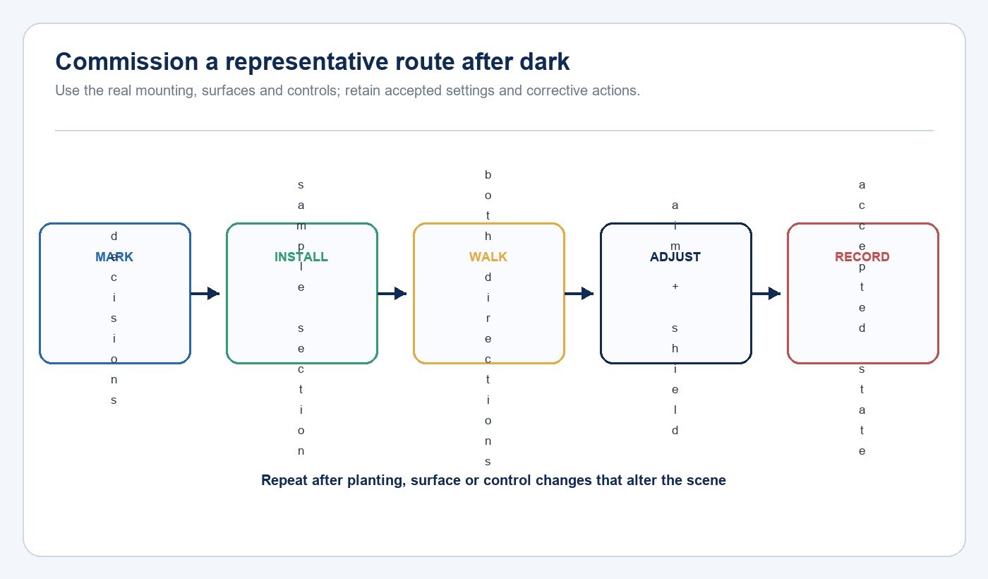 Five-step pathway lighting commissioning sequence