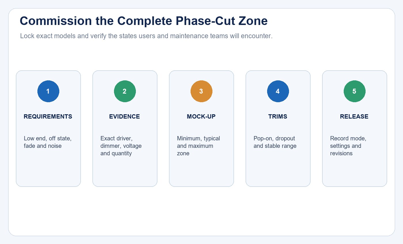 Commissioning path for a phase-cut LED dimming system from requirements and compatibility evidence to mock-up, trims and release