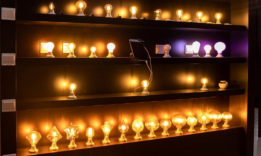 Smart filament lamp display for a safety and heat guide