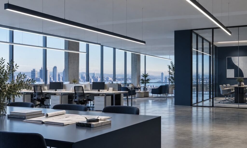 Suspended LED linear luminaires in a modern office