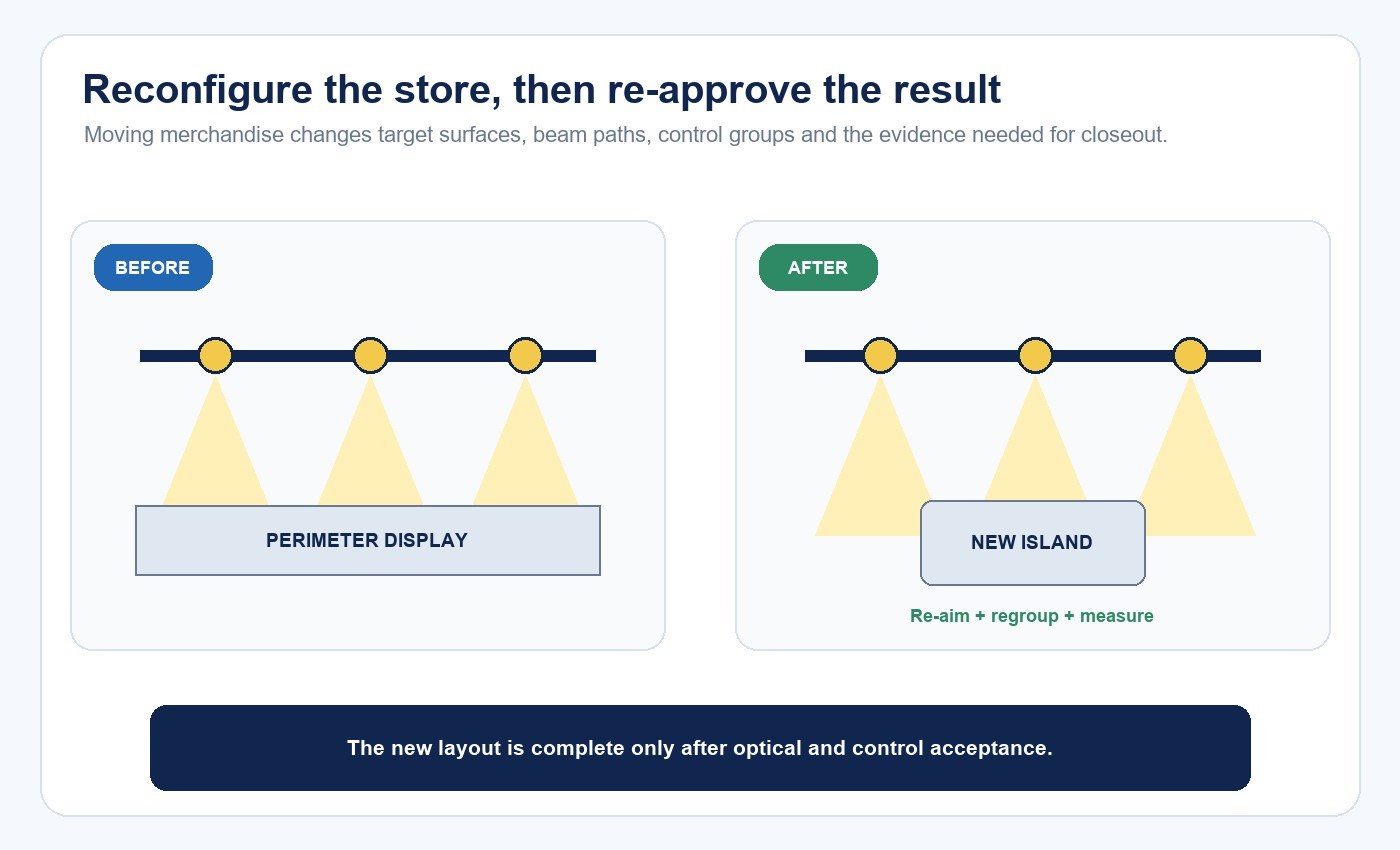 Retail display relocation before and after lighting reconfiguration