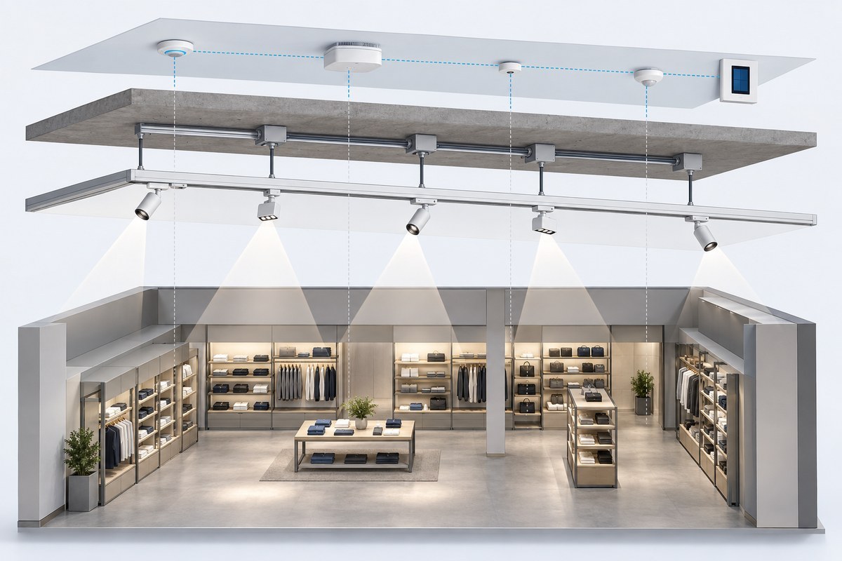 Retail lighting system with mechanical track, electrical distribution, optical beams and digital controls