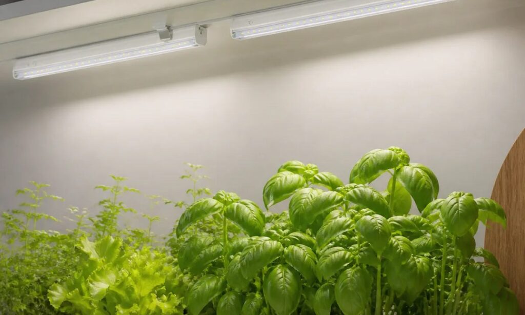 Linear grow lights illuminating plants on an indoor shelf