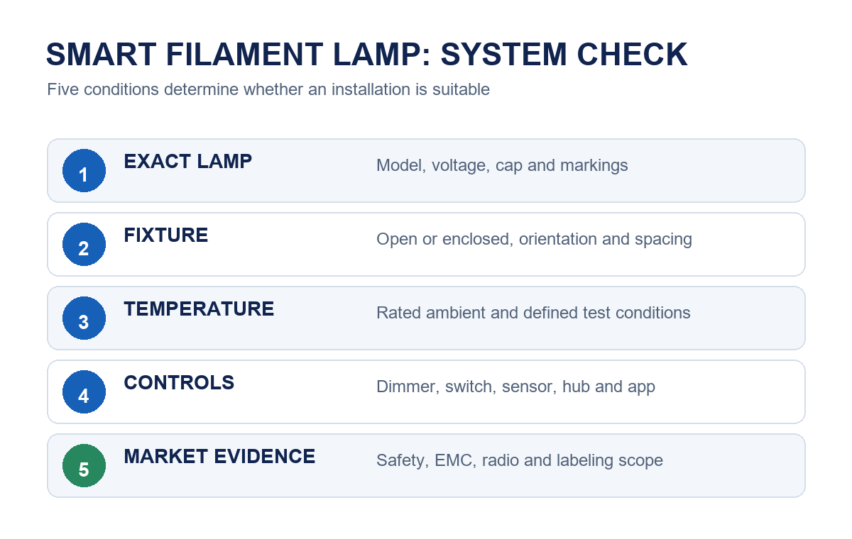 Selection path for smart filament lamp heat and fixture safety
