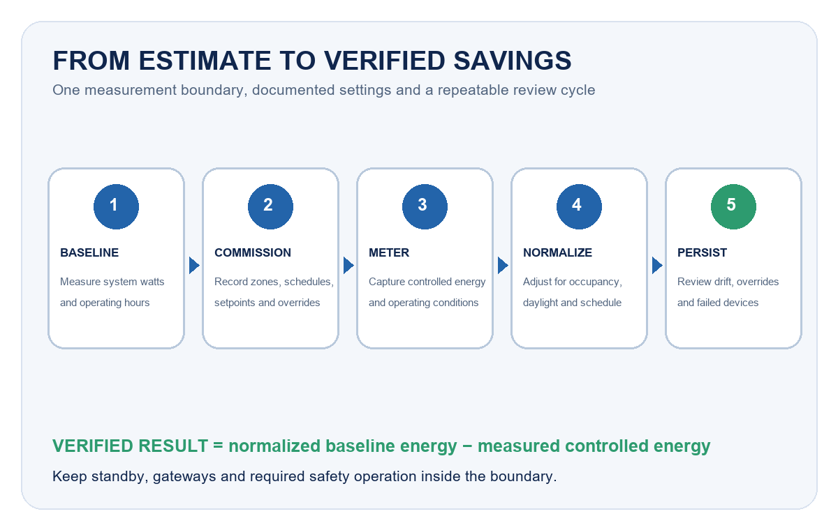 Measurement and verification workflow for smart T8 lighting controls