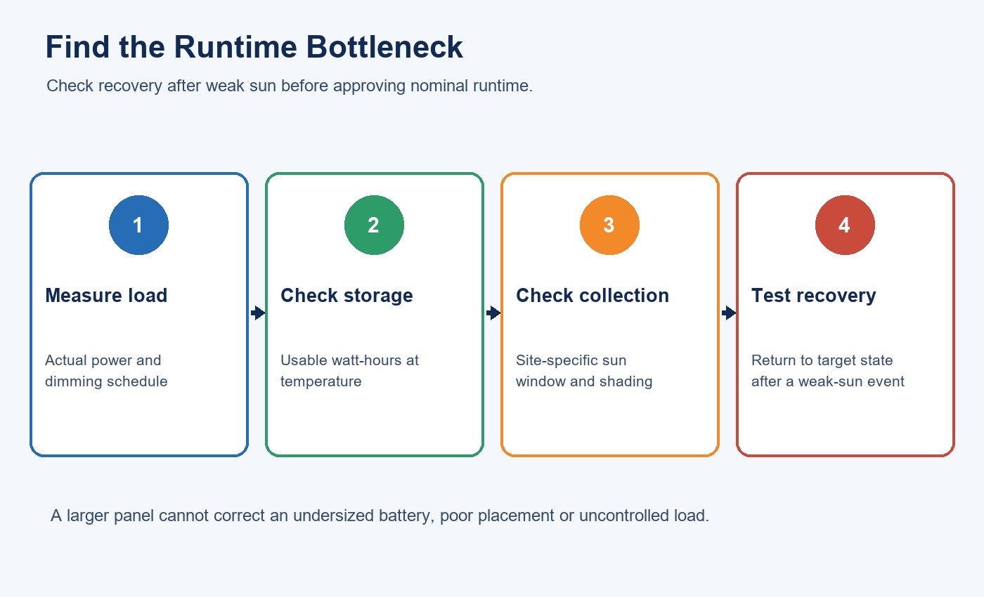 Solar flood light recovery sequence and bottleneck decision