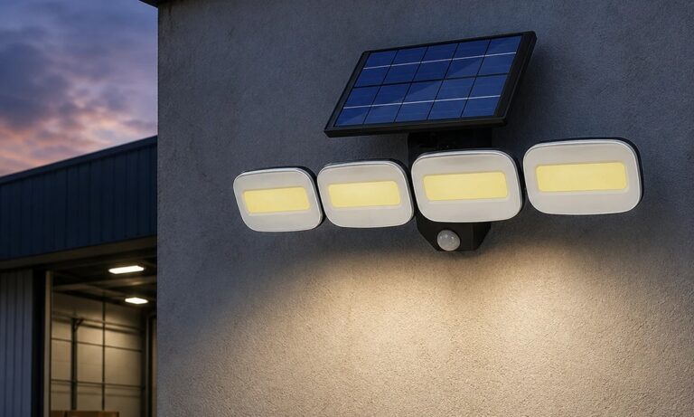 Solar flood light with panel installed on an exterior wall at dusk