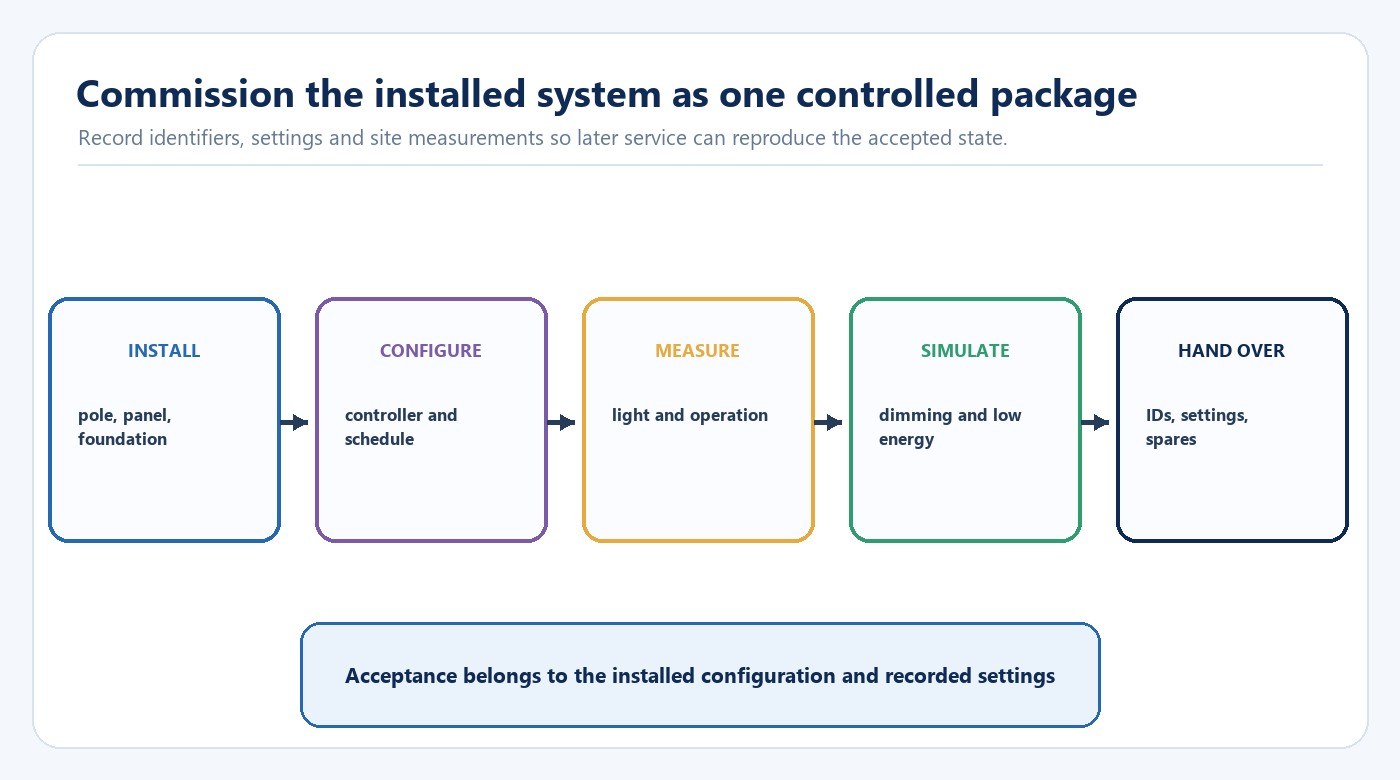 Outdoor solar light commissioning workflow from installation and configuration to measurement simulation and handover