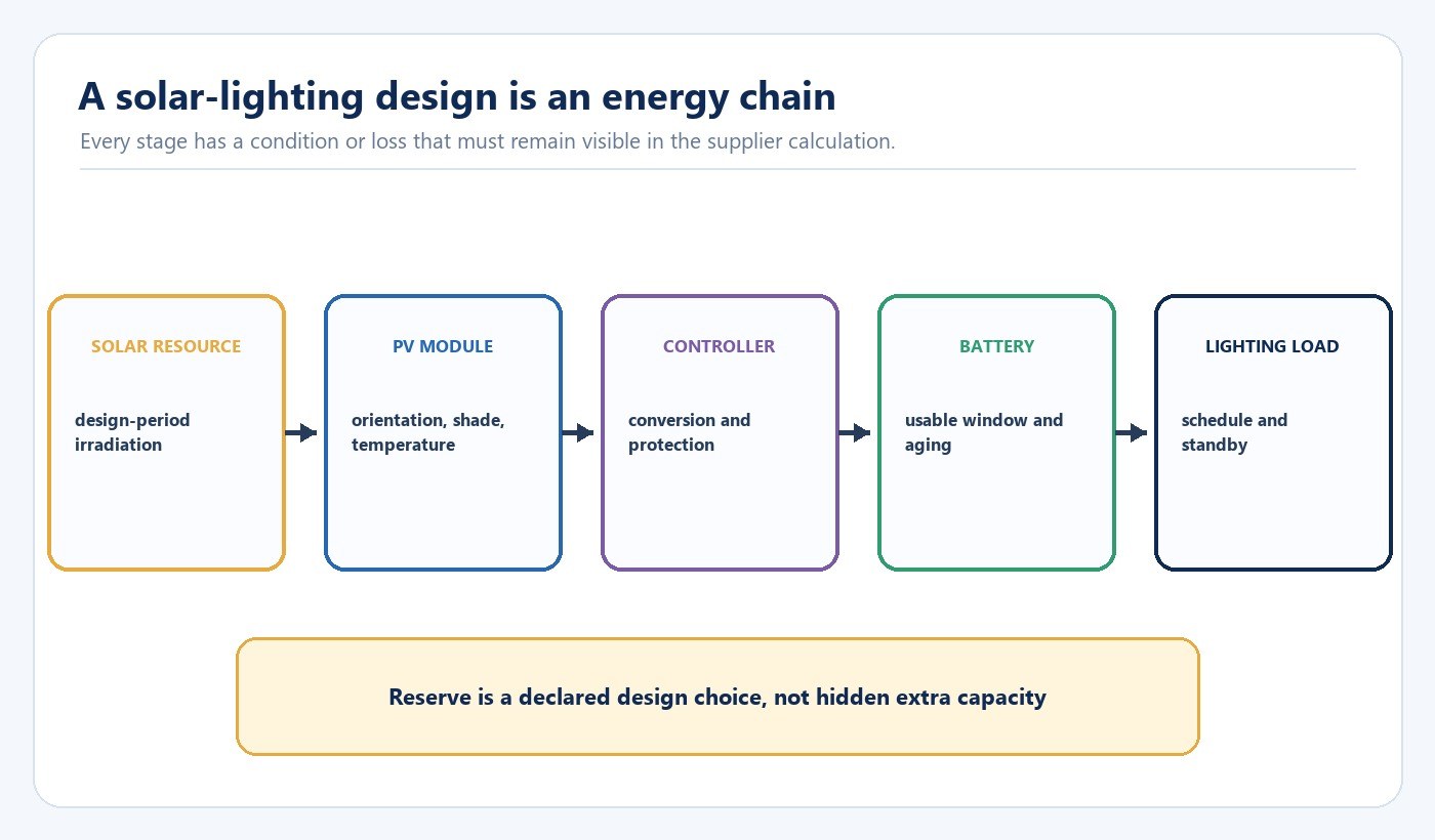 Outdoor solar lighting energy chain from solar resource through PV controller and battery to lighting load