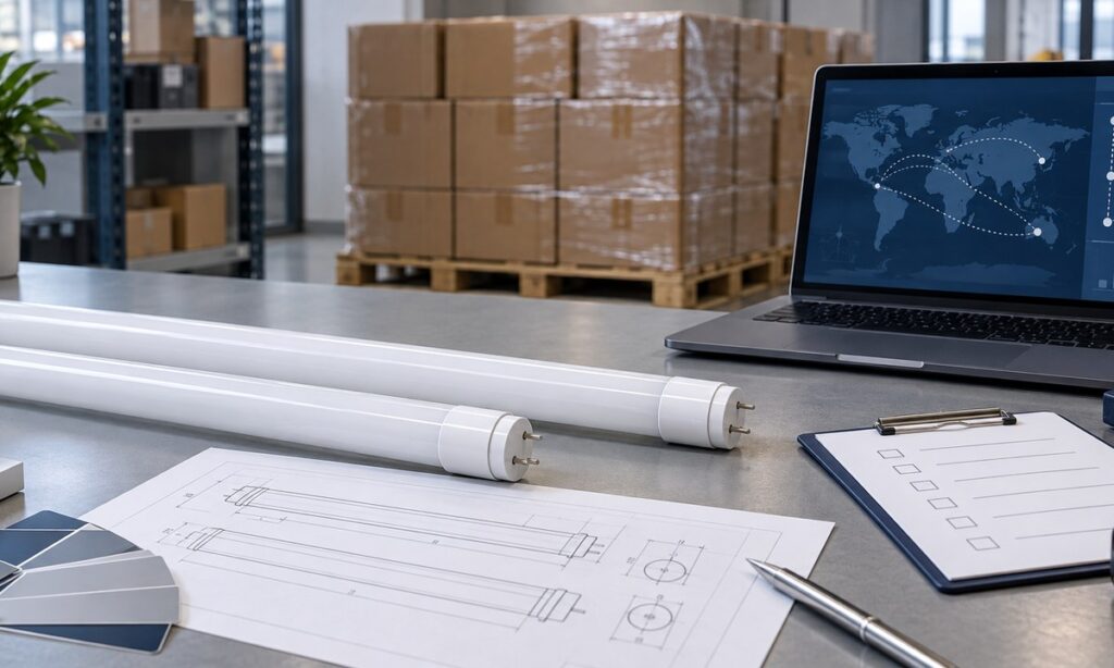 LED tube samples, technical drawing and sourcing checklist beside generic cartons