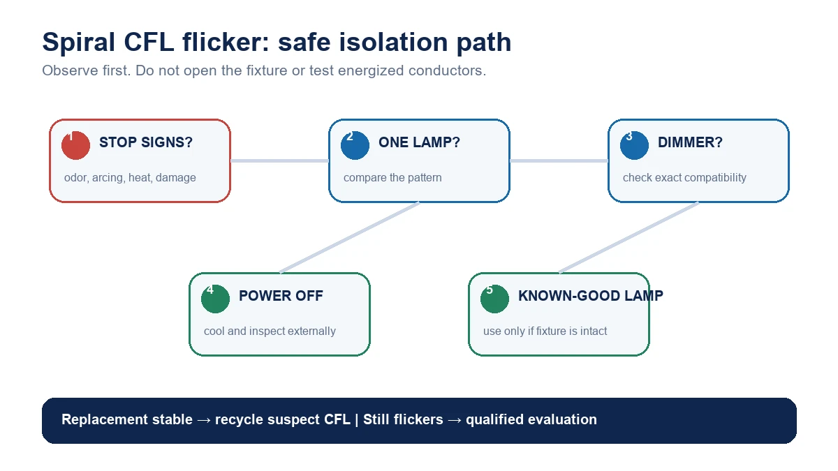 Safe isolation path for a flickering spiral CFL, from stop signs to a known-good lamp check.