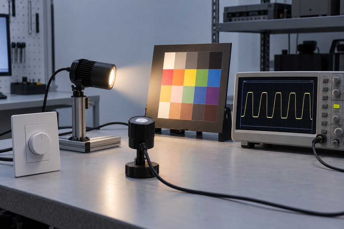 LED spotlight test setup for color, dimming and temporal light modulation