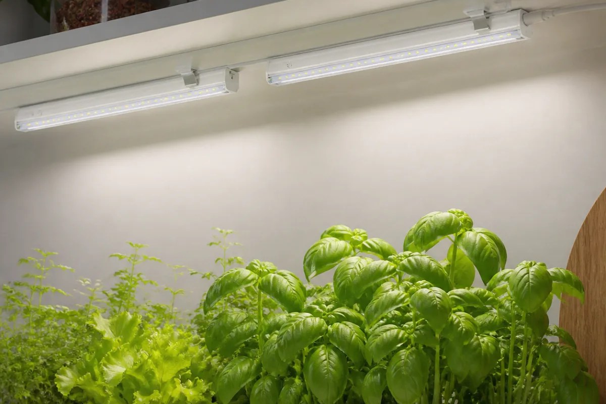 Linear grow lights illuminating plants on an indoor growing shelf