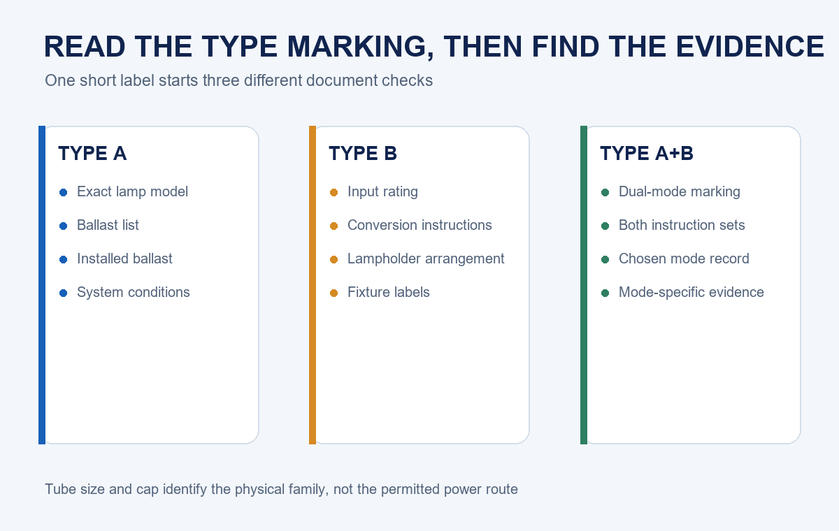Guide to the documents associated with Type A, Type B and Type A plus B T5 LED tube labels