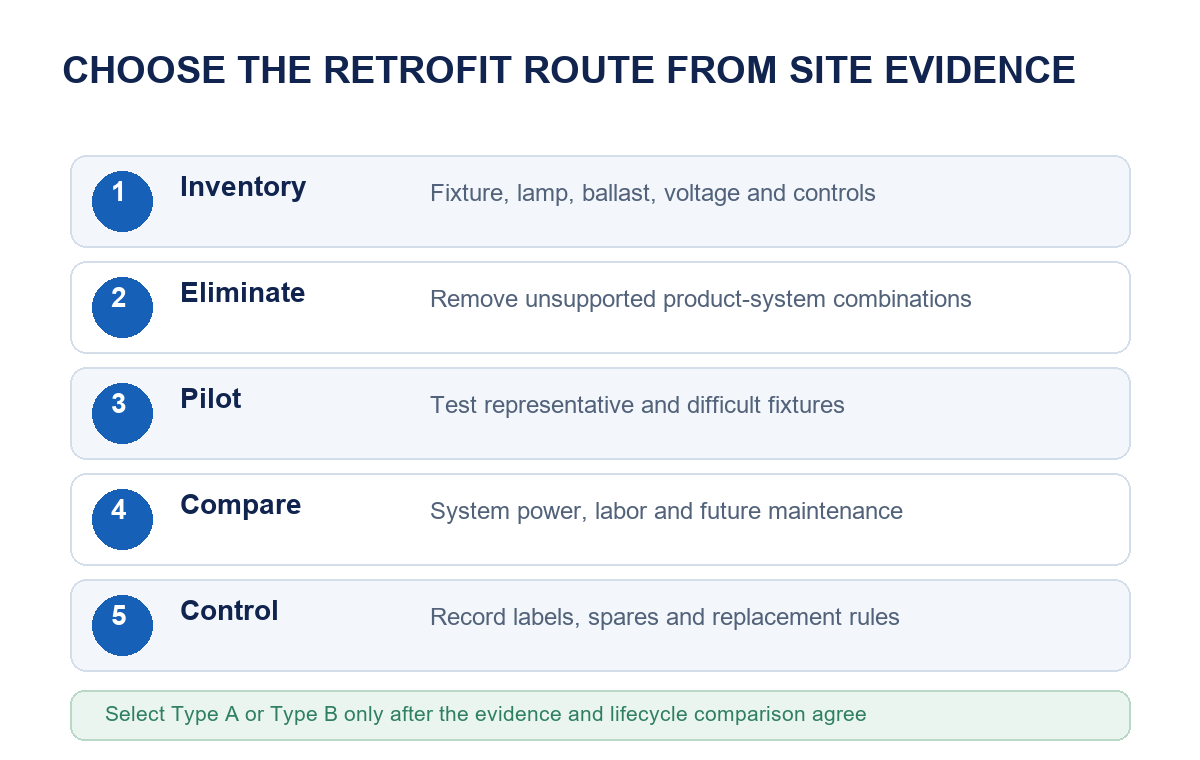 Decision sequence for comparing Type A and Type B T5 LED tube retrofits