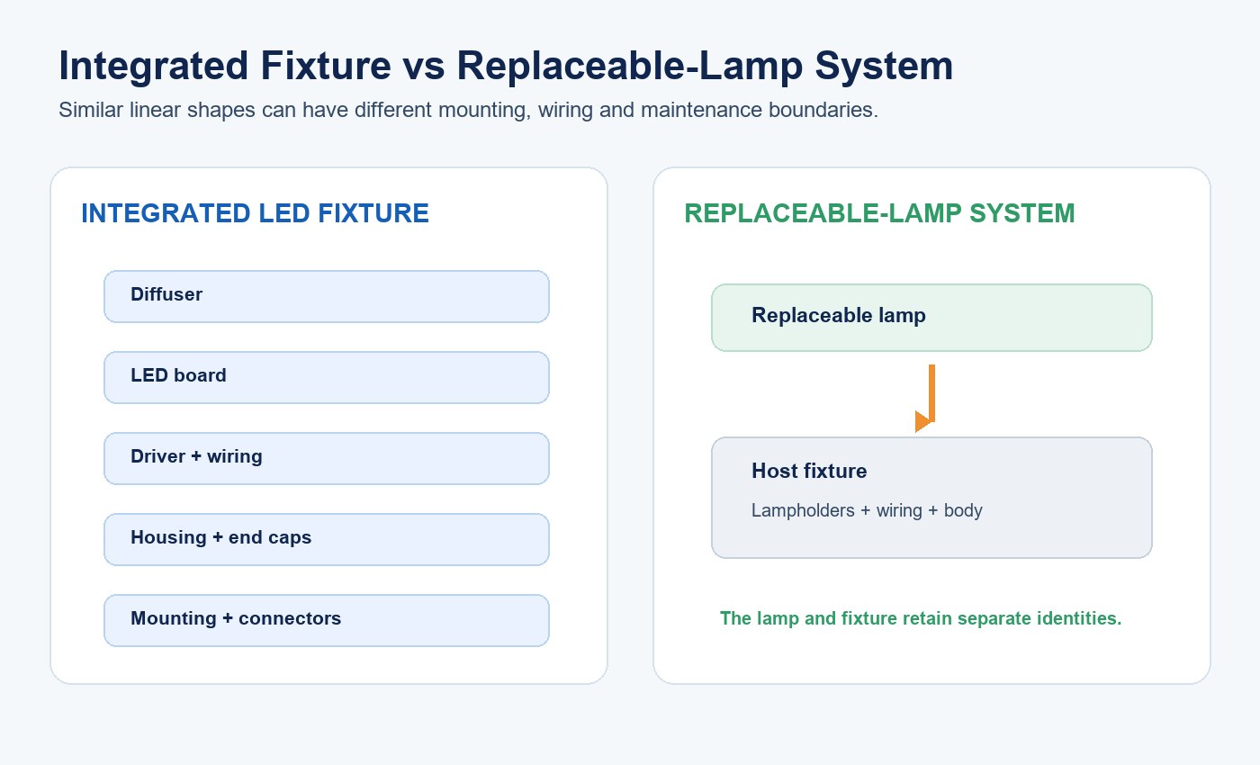 Diagram comparing integrated LED fixture architecture with a replaceable-lamp system