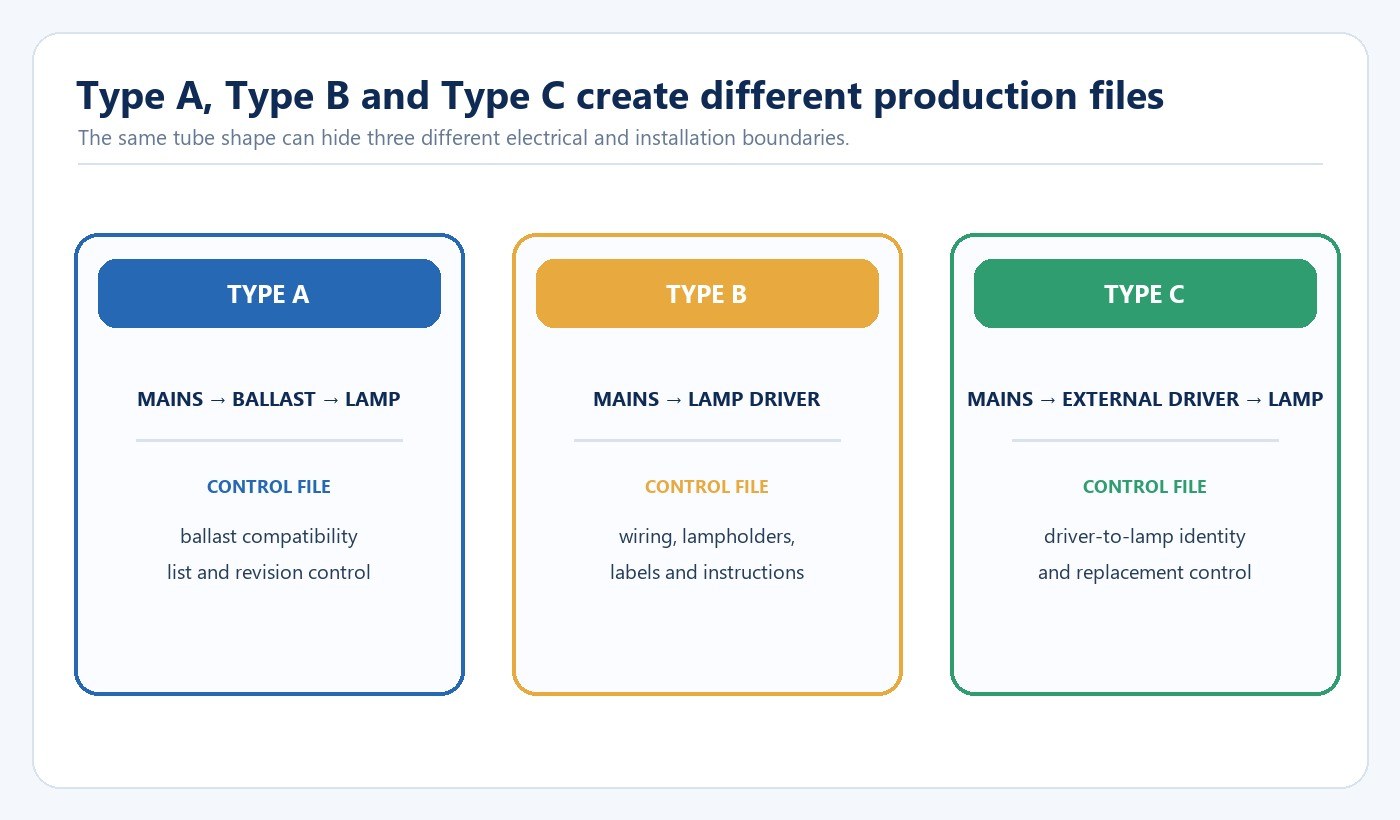 Type A Type B and Type C TLED electrical architecture and manufacturing file comparison
