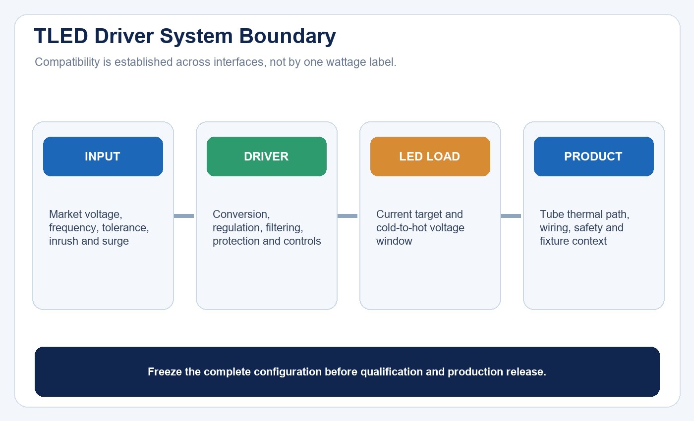 TLED driver system boundary from branch supply and protection through the driver to the LED board, tube enclosure and controls