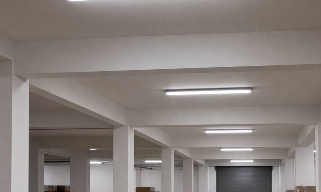 Linear tri-proof fixtures illuminating a warehouse