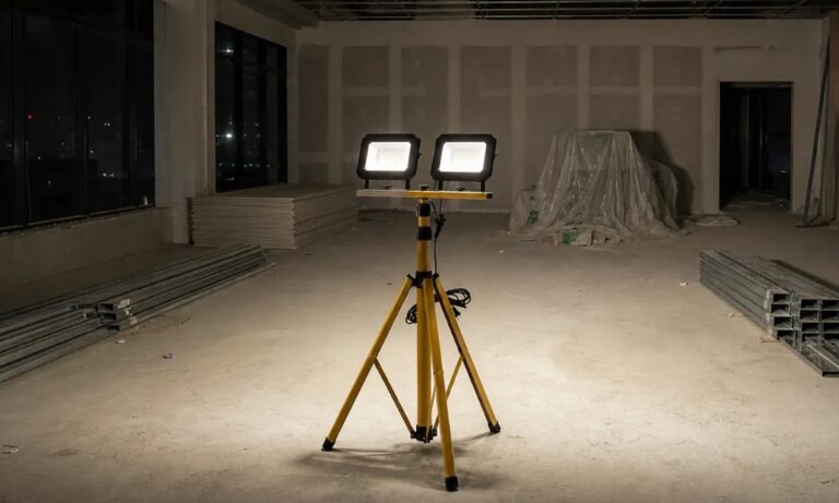 Dual-head LED work light illuminating a temporary work area