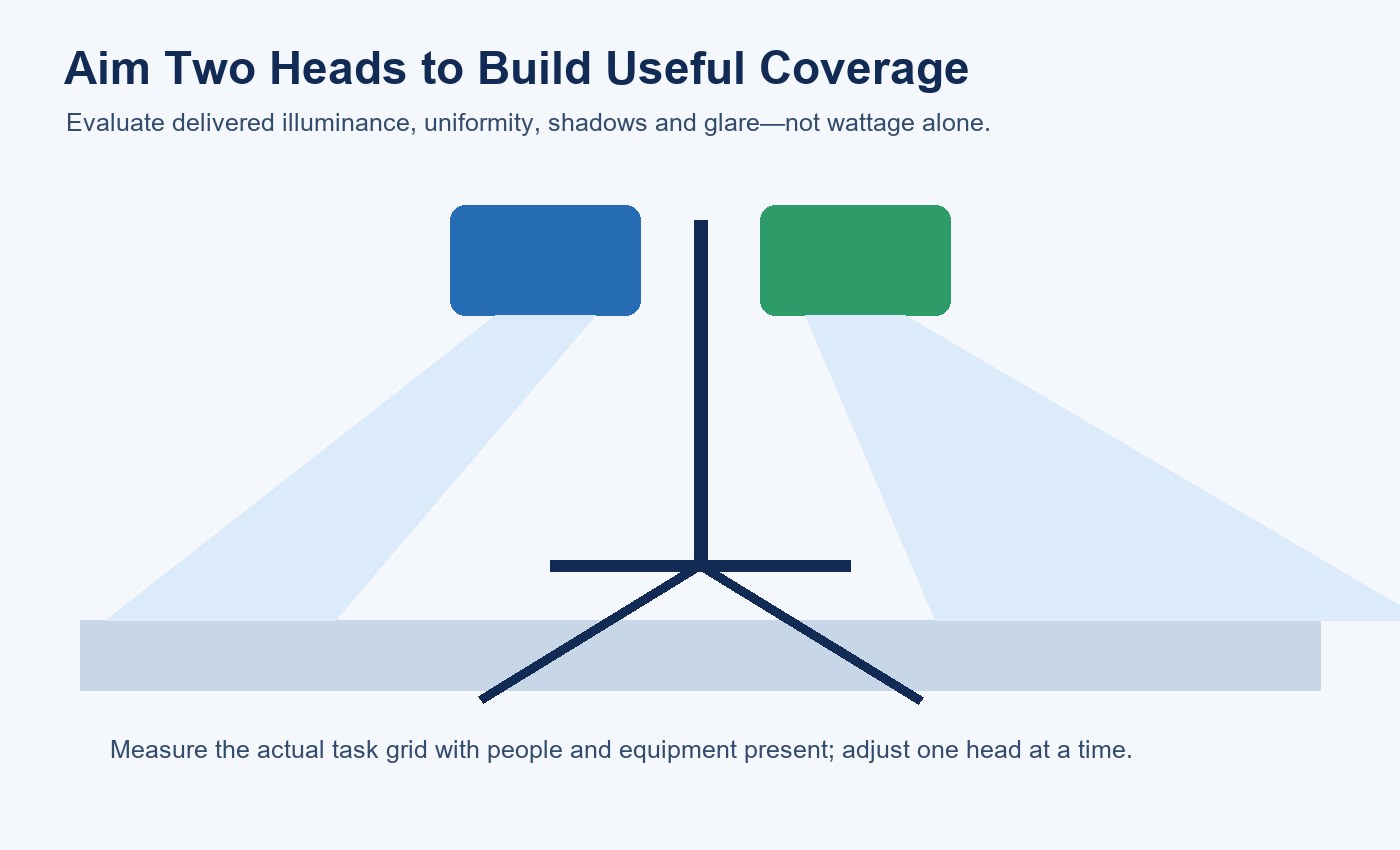 Diagram showing two tripod work-light heads aimed to create complementary coverage