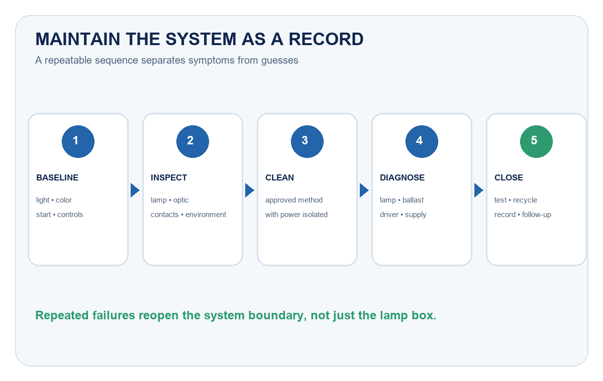 Tube light maintenance workflow from baseline and inspection through diagnosis, replacement and record update