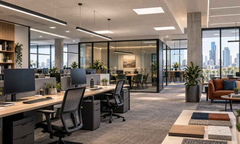 Modern commercial office with linear and panel lighting