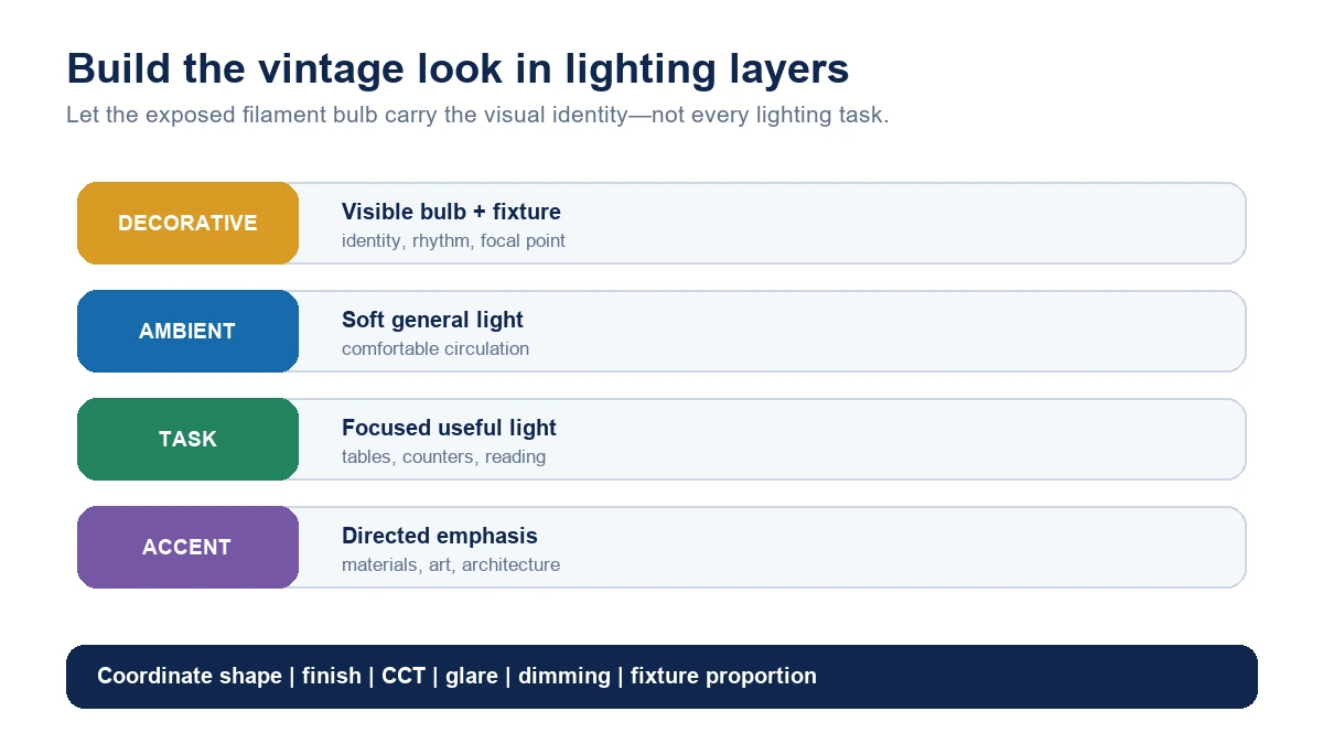 Four lighting layers for a vintage interior: decorative, ambient, task and accent.
