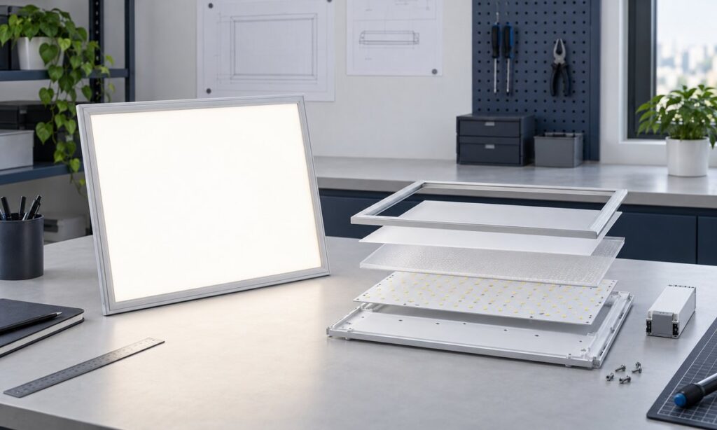 LED panel luminaire and separated optical and electrical components