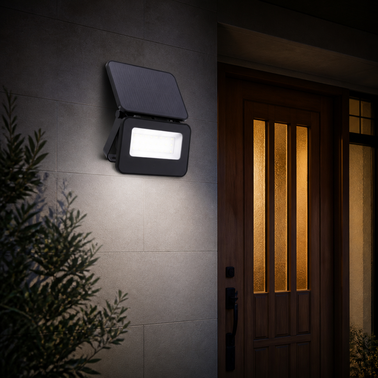 XGYFL-LC-XRSL03 solar flood light beside a residential entrance
