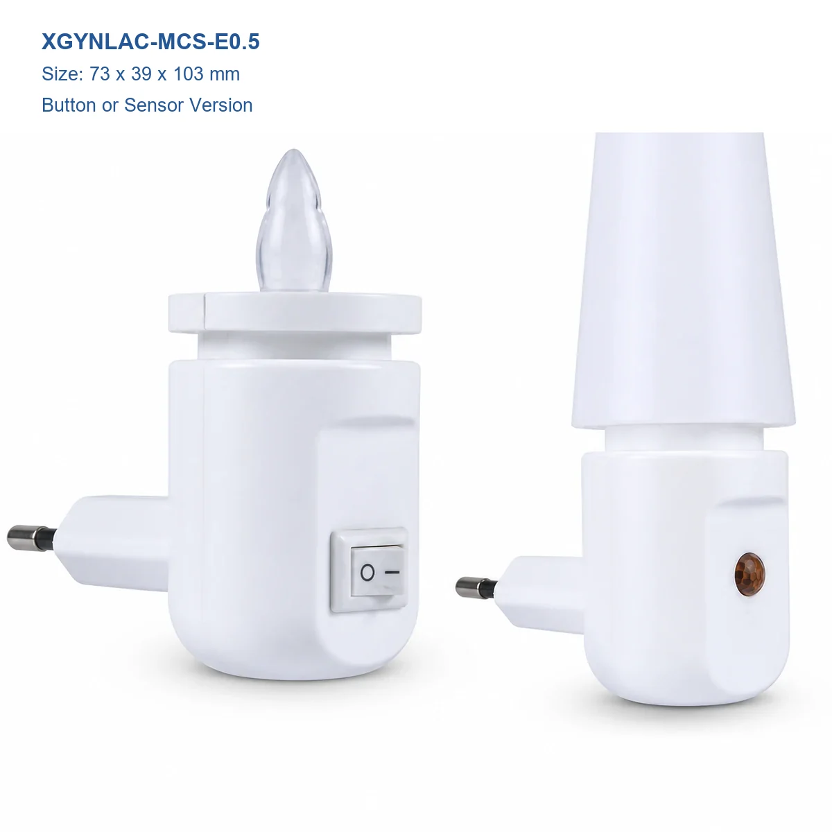 XGYNLAC-MCS-E0.5 RGBW plug-in night light, 73 × 39 × 103 mm, button and sensor versions