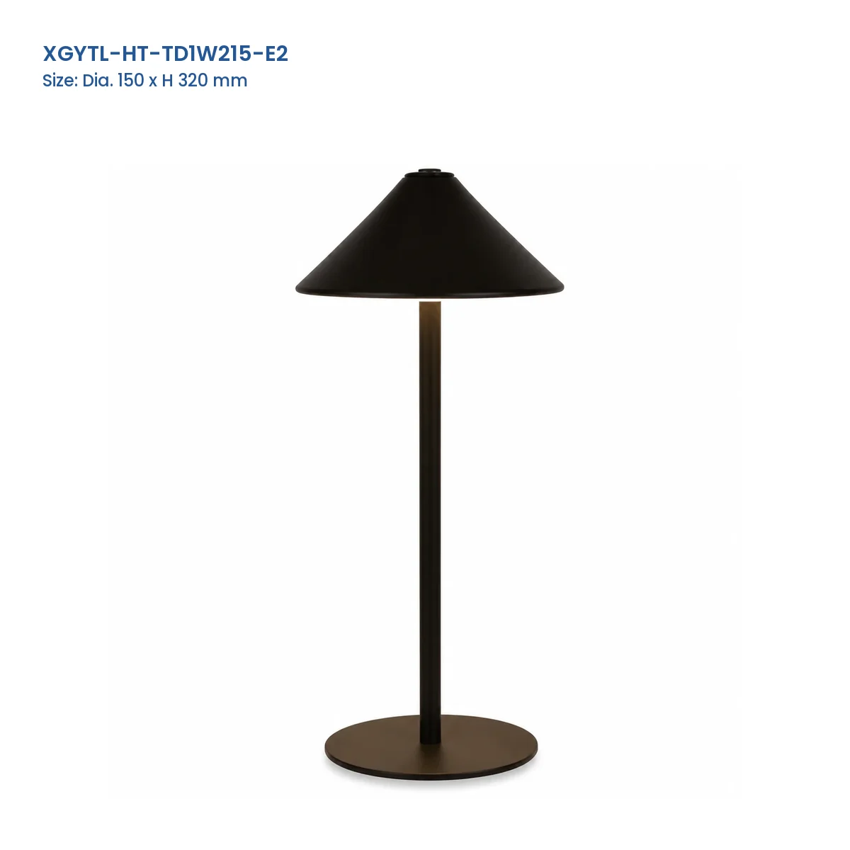 XGYTL-HT-TD1W215-E2 black tall cone-shade cordless LED table lamp, Dia. 150 × H 320 mm